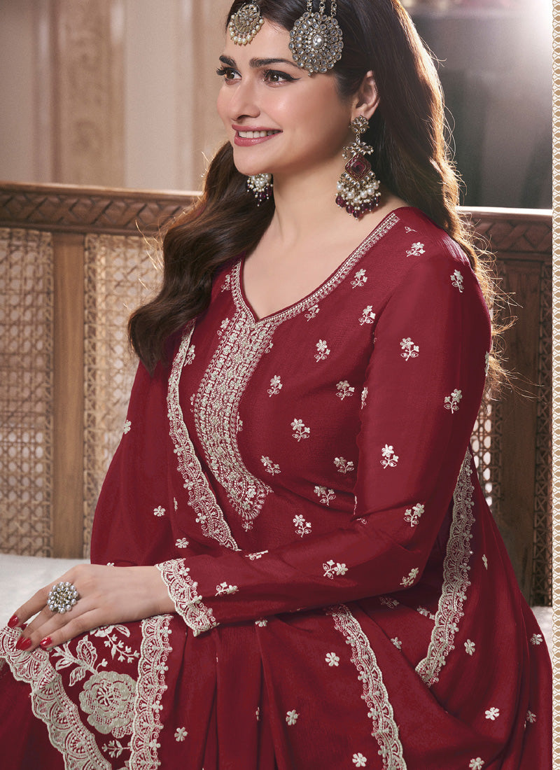 Maroon Chinon Silk Embroidered Palazzo Suit