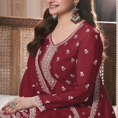 Maroon Chinon Silk Embroidered Palazzo Suit