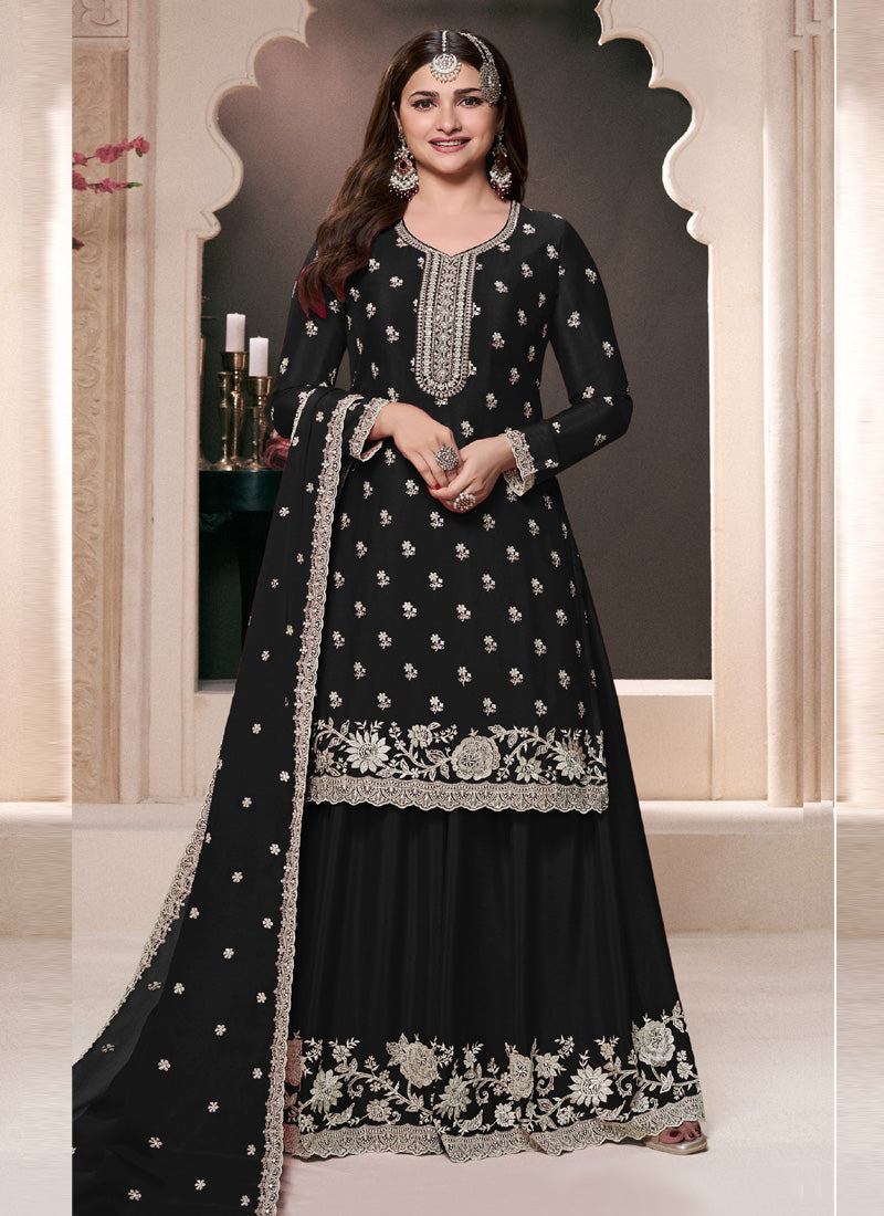Black Chinon Silk Embroidered Palazzo Suit