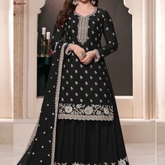 Black Chinon Silk Embroidered Palazzo Suit