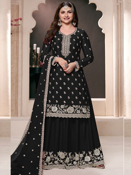 Black Chinon Silk Embroidered Palazzo Suit
