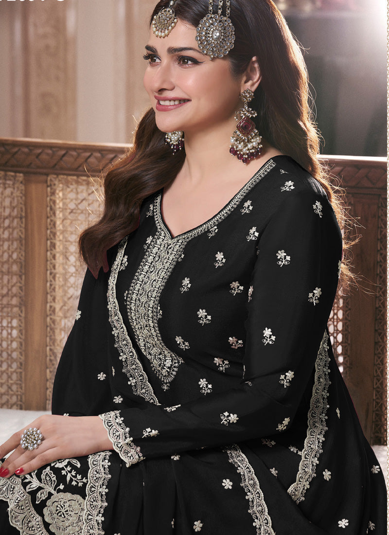 Black Chinon Silk Embroidered Palazzo Suit