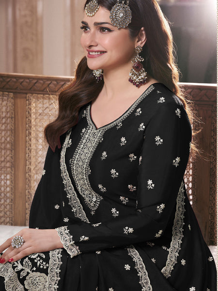 Black Chinon Silk Embroidered Palazzo Suit