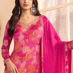 Pink Chinon Silk Embroidered Digital Print Designer Salwar Suit