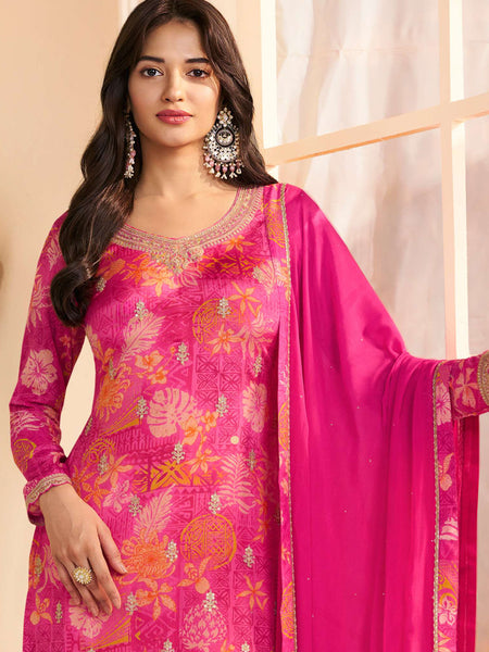 Pink Chinon Silk Embroidered Digital Print Designer Salwar Suit