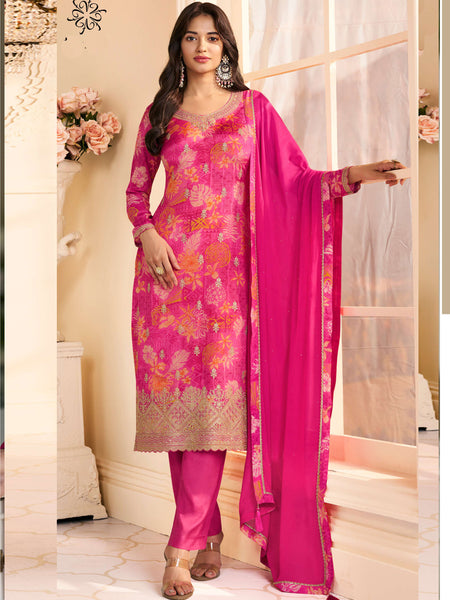 Pink Chinon Silk Embroidered Digital Print Designer Salwar Suit
