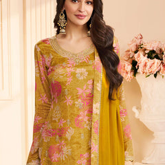 Yellow Chinon Silk Embroidered Digital Print Designer Salwar Suit