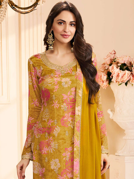 Yellow Chinon Silk Embroidered Digital Print Designer Salwar Suit