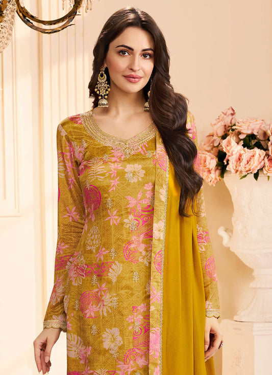 Yellow Chinon Silk Embroidered Digital Print Designer Salwar Suit