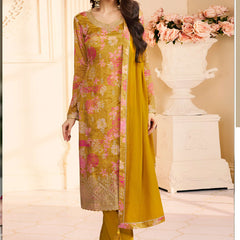 Yellow Chinon Silk Embroidered Digital Print Designer Salwar Suit