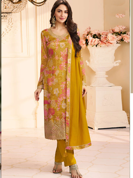 Yellow Chinon Silk Embroidered Digital Print Designer Salwar Suit