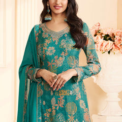 Turquoise Chinon Silk Embroidered Digital Print Designer Salwar Suit