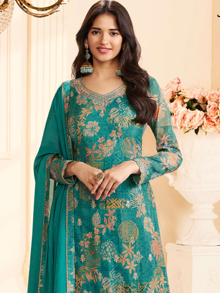 Turquoise Chinon Silk Embroidered Digital Print Designer Salwar Suit