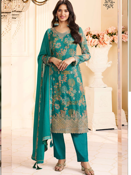 Turquoise Chinon Silk Embroidered Digital Print Designer Salwar Suit