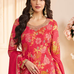 Red Chinon Silk Embroidered Digital Print Designer Salwar Suit