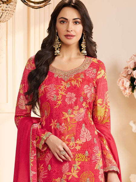 Red Chinon Silk Embroidered Digital Print Designer Salwar Suit