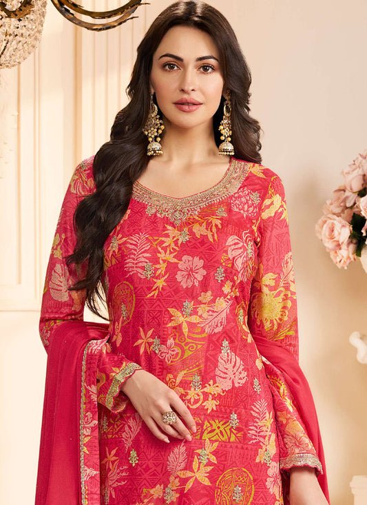 Red Chinon Silk Embroidered Digital Print Designer Salwar Suit