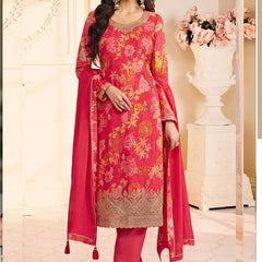 Red Chinon Silk Embroidered Digital Print Designer Salwar Suit