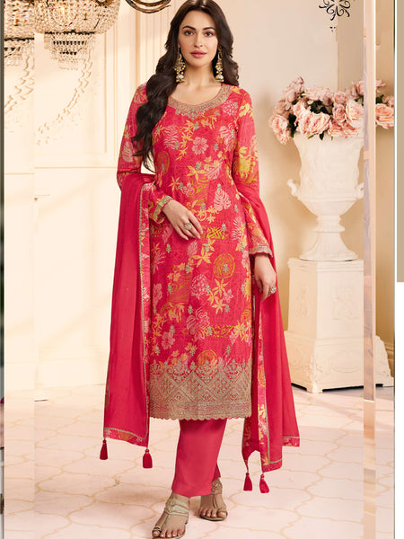 Red Chinon Silk Embroidered Digital Print Designer Salwar Suit