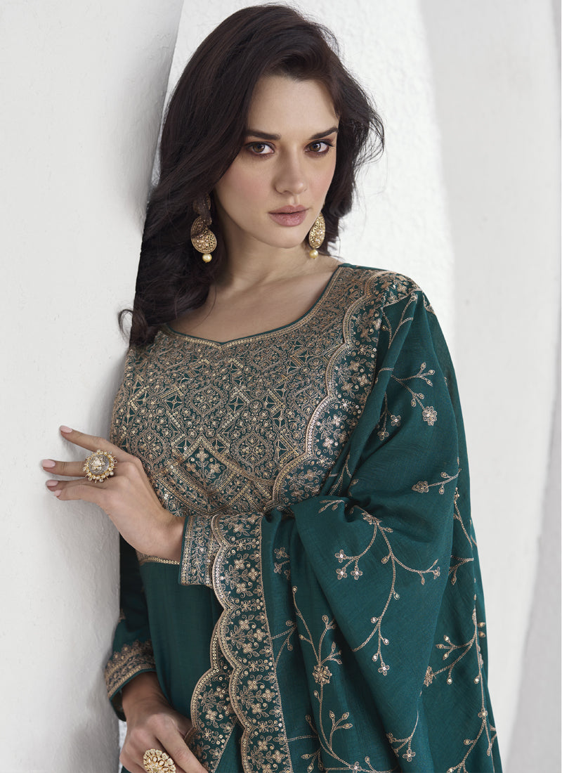 Teal Vichitra Silk Sequence Anarkali Suit