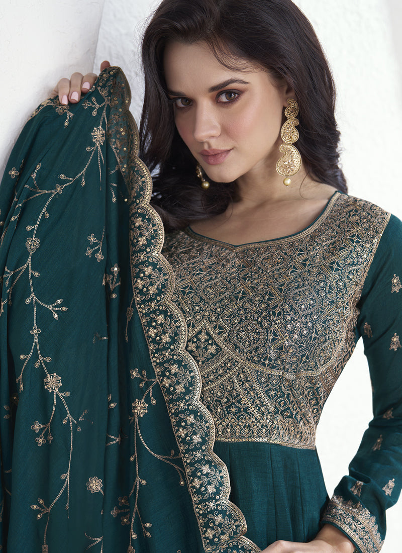 Teal Vichitra Silk Sequence Anarkali Suit