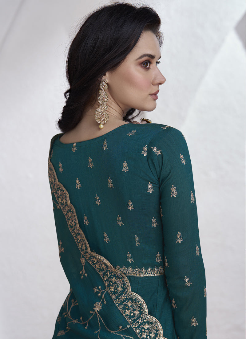 Teal Vichitra Silk Sequence Anarkali Suit