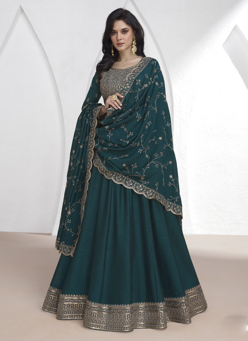 Teal Vichitra Silk Sequence Anarkali Suit
