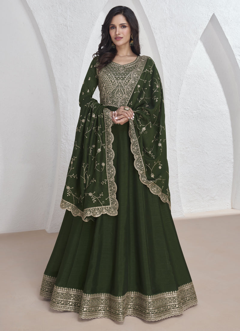 Mehendi Vichitra Silk Sequence Anarkali Suit