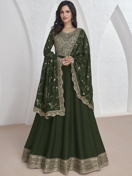 Mehendi Vichitra Silk Sequence Anarkali Suit