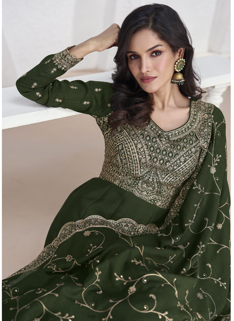 Mehendi Vichitra Silk Sequence Anarkali Suit