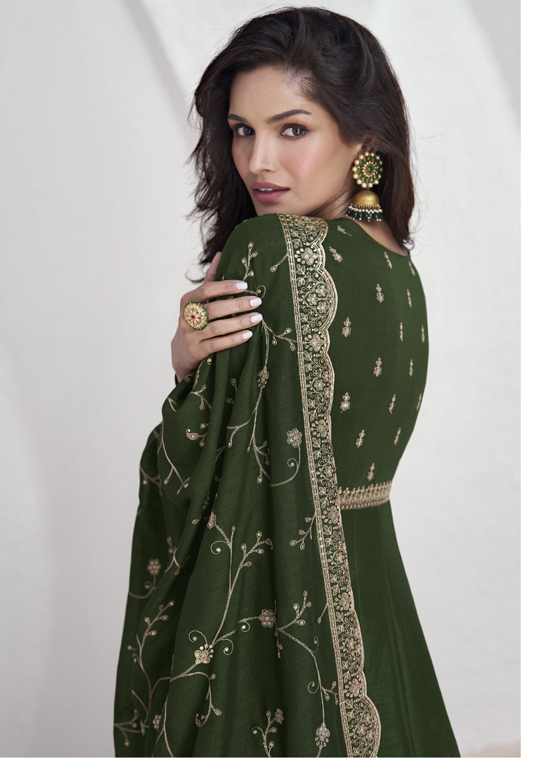 Mehendi Vichitra Silk Sequence Anarkali Suit