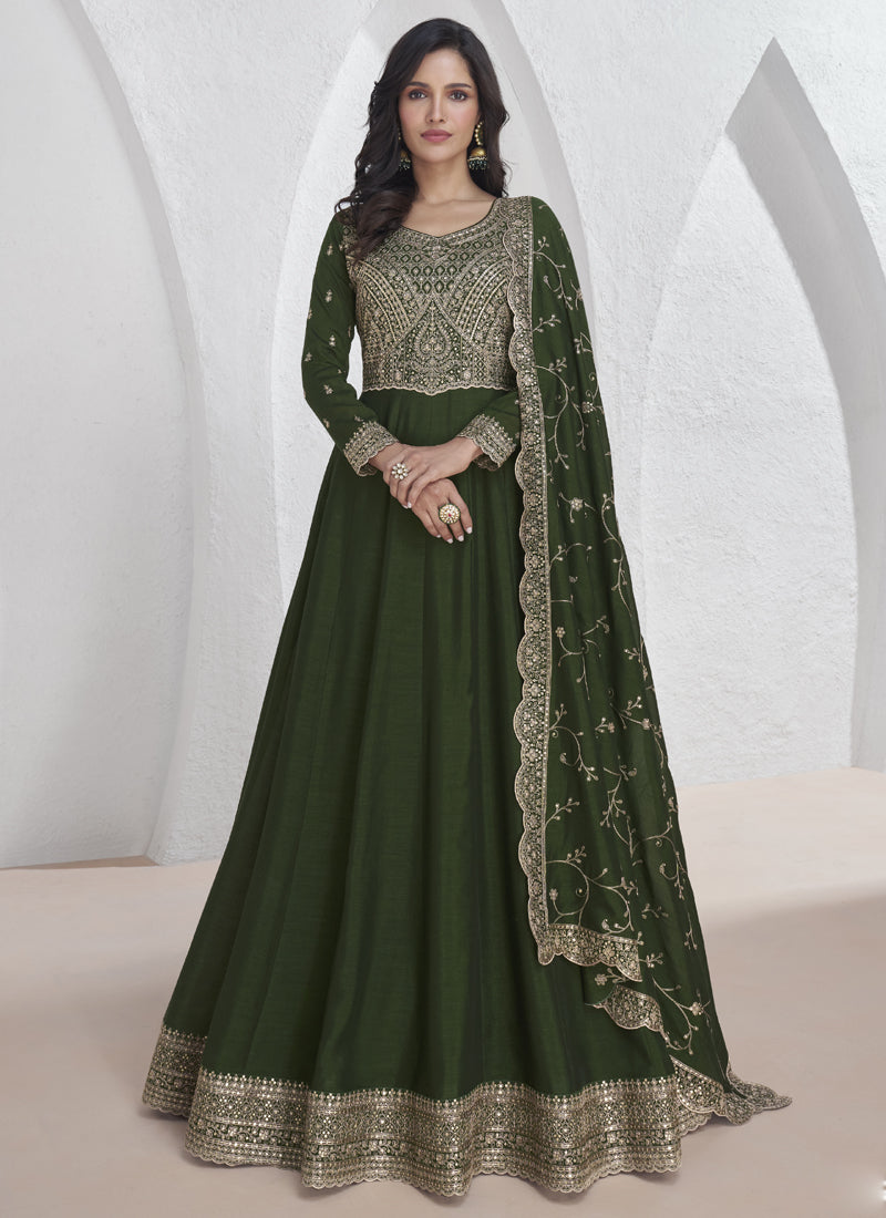 Mehendi Vichitra Silk Sequence Anarkali Suit