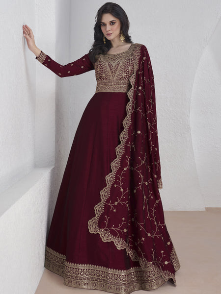 Maroon Vichitra Silk Sequence Anarkali Suit