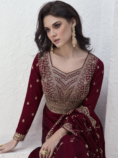 Maroon Vichitra Silk Sequence Anarkali Suit