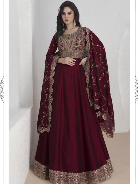 Maroon Vichitra Silk Sequence Anarkali Suit