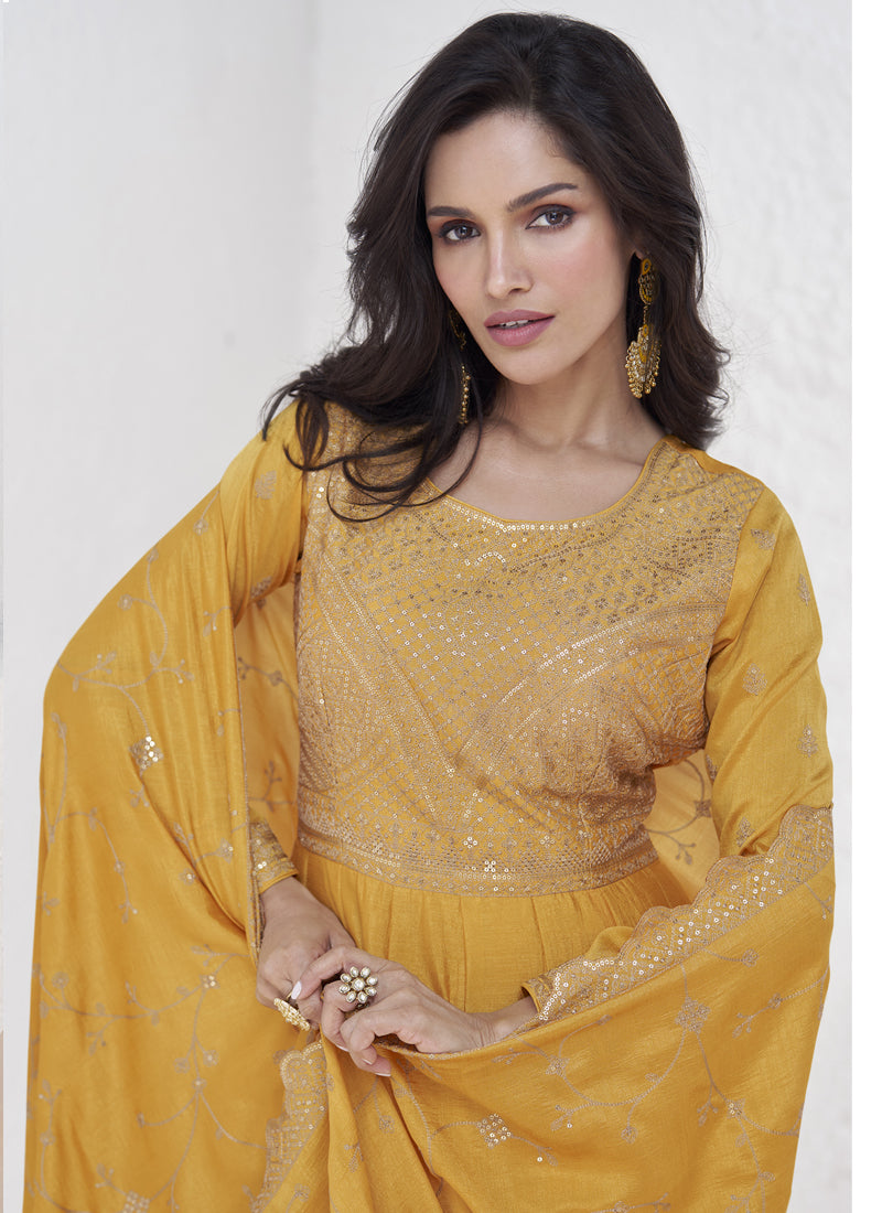 Yellow Vichitra Silk Sequence Anarkali Suit