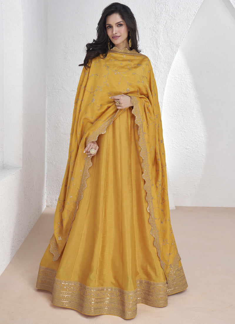Yellow Vichitra Silk Sequence Anarkali Suit