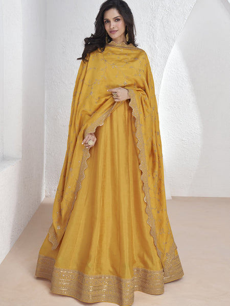 Yellow Vichitra Silk Sequence Anarkali Suit