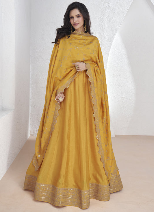 Yellow Vichitra Silk Sequence Anarkali Suit