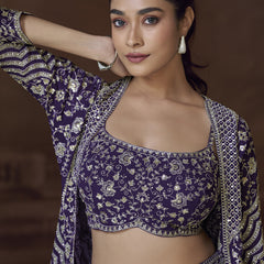 Violet Real Chinon Silk Embroidered Jacket Style Palazzo Suit