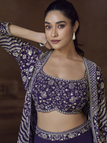 Violet Real Chinon Silk Embroidered Jacket Style Palazzo Suit