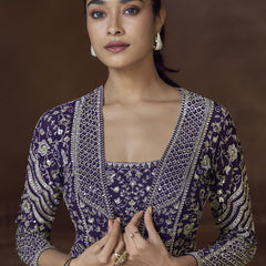 Violet Real Chinon Silk Embroidered Jacket Style Palazzo Suit