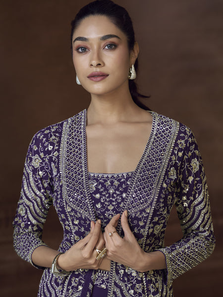 Violet Real Chinon Silk Embroidered Jacket Style Palazzo Suit