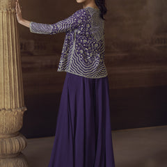 Violet Real Chinon Silk Embroidered Jacket Style Palazzo Suit