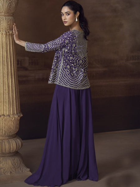 Violet Real Chinon Silk Embroidered Jacket Style Palazzo Suit