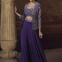 Violet Real Chinon Silk Embroidered Jacket Style Palazzo Suit