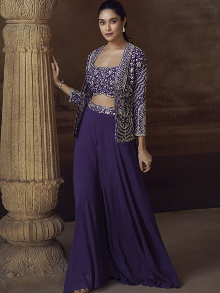 Violet Real Chinon Silk Embroidered Jacket Style Palazzo Suit