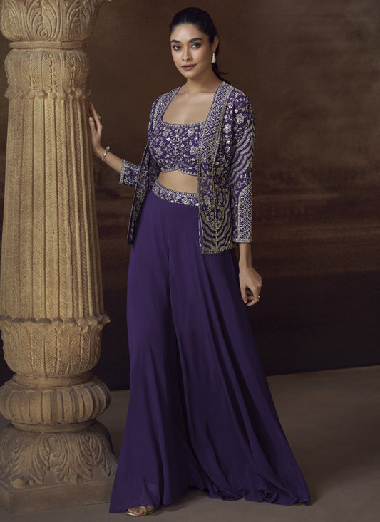 Violet Real Chinon Silk Embroidered Jacket Style Palazzo Suit
