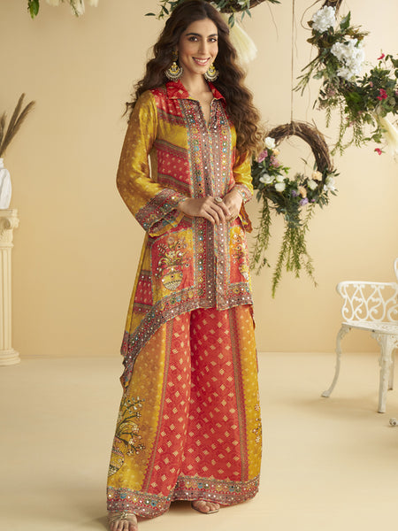 Yellow Crepe Silk Embellished Mirror Work Designer Co-Ord Set
