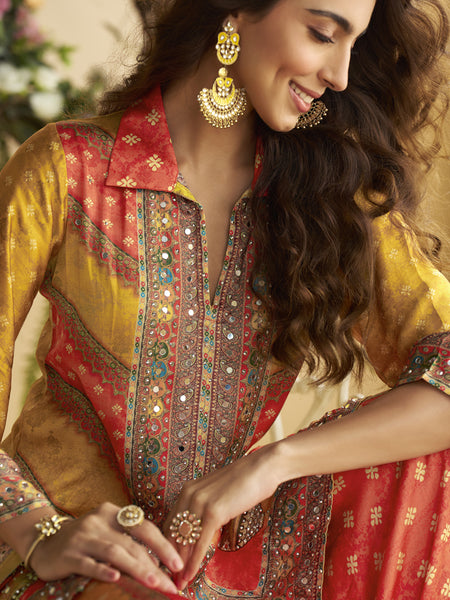 Yellow Crepe Silk Embellished Mirror Work Designer Co-Ord Set